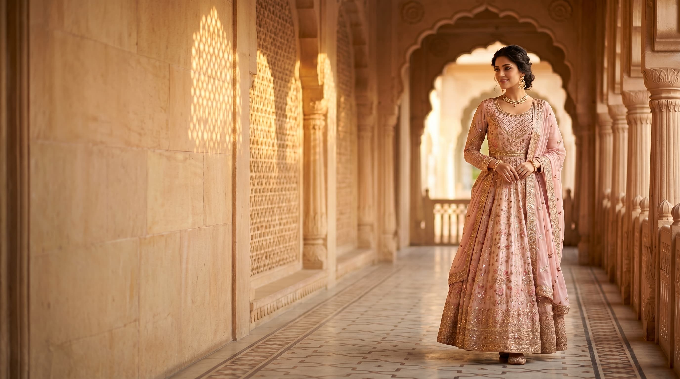Elegant Indian woman in a blush pink anarkali suit, standing in a grand palatial corridor with warm golden light