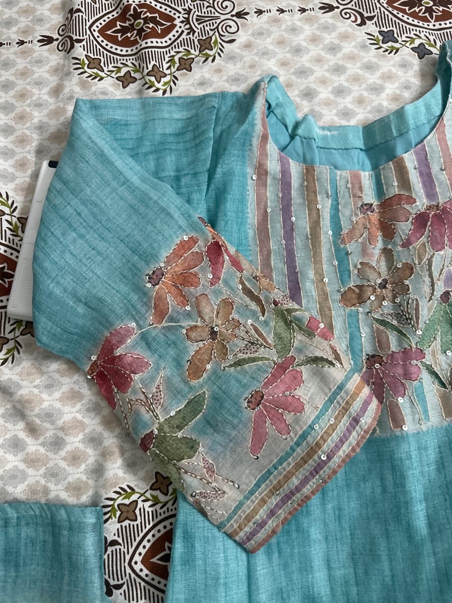 Teal Floral Embroidered Art Silk Straight Palazzo Suit Set - View 4