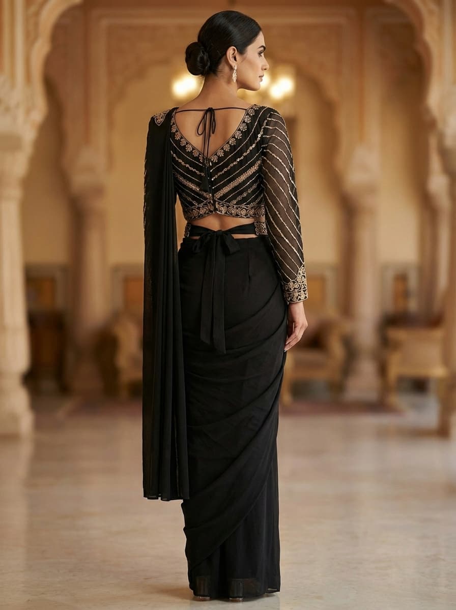 Elegant Black Party Wear Saree with Embellished Blouse - View 2