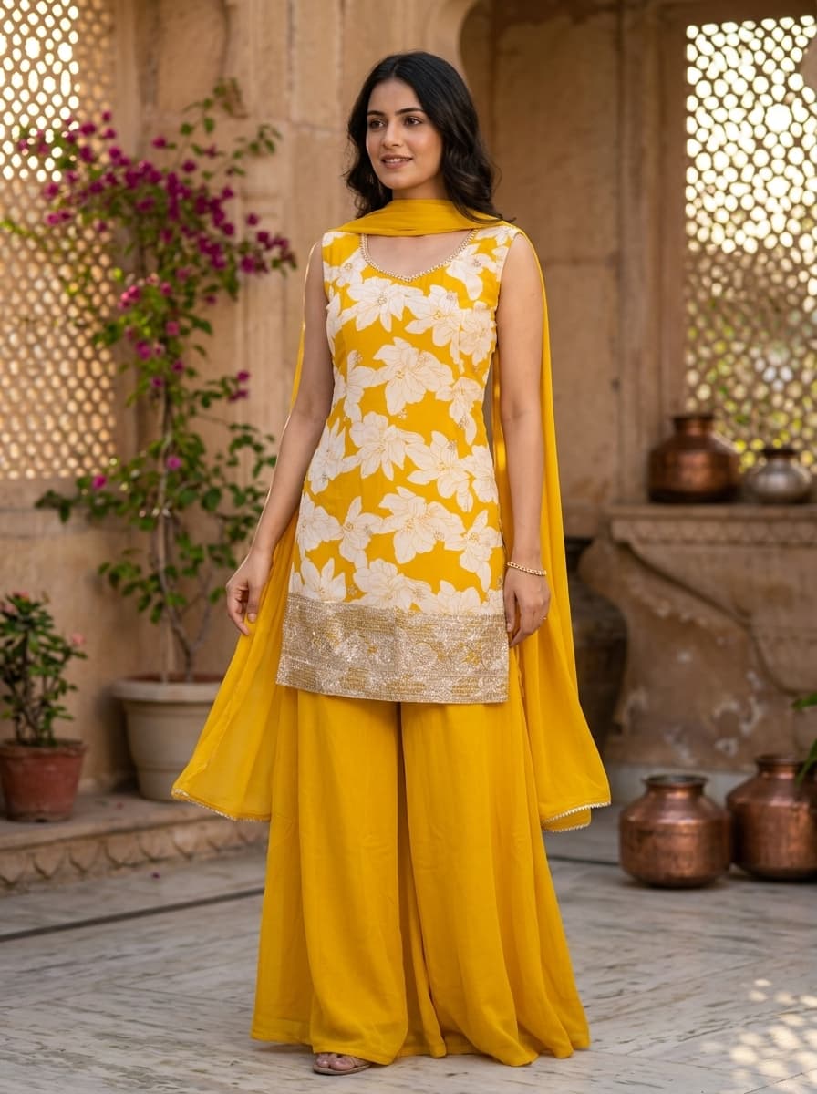 Mustard Yellow Floral Printed Viscose Rayon Palazzo Set - View 1