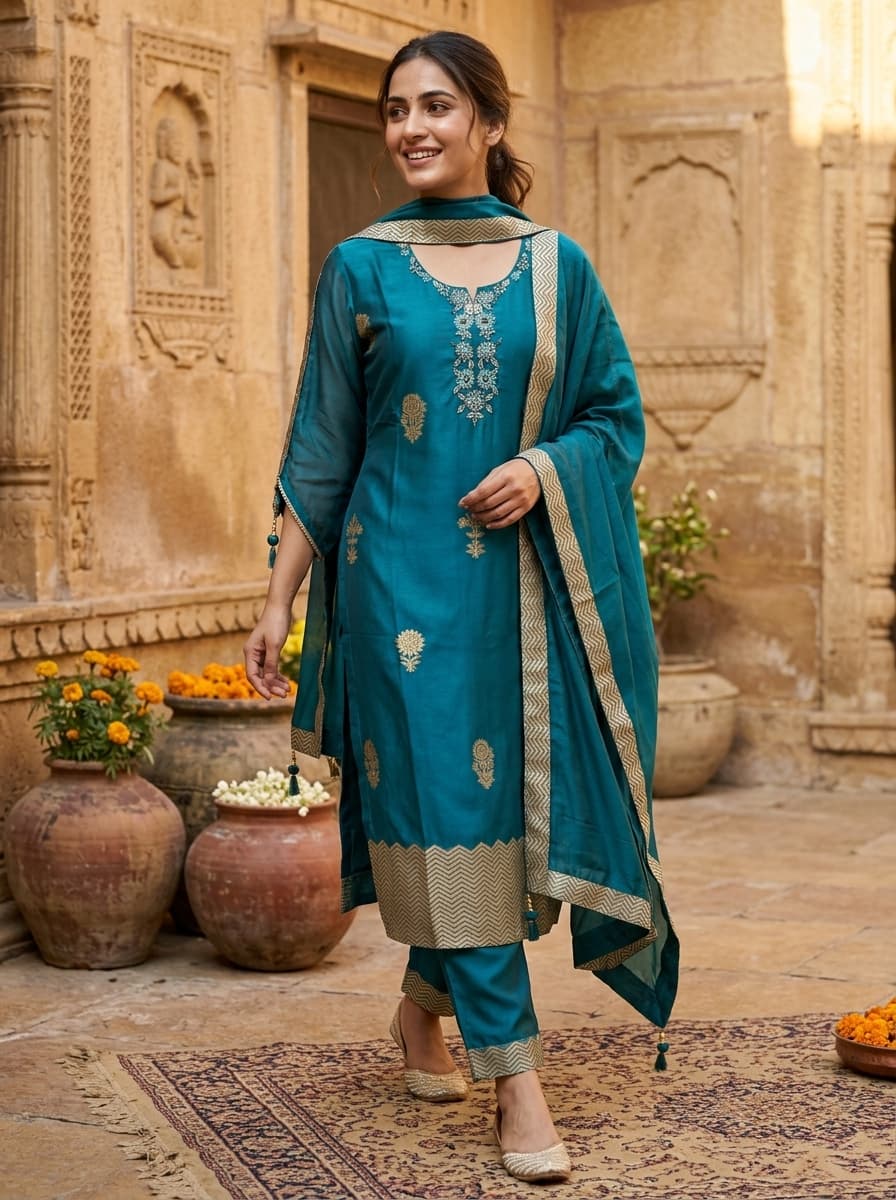 Teal Zari Embroidered Chanderi Silk Straight Palazzo Set - View 1