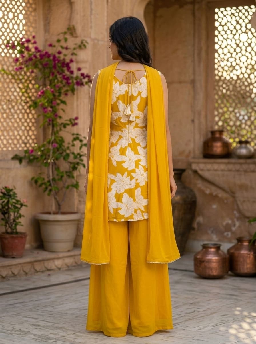 Mustard Yellow Floral Printed Viscose Rayon Palazzo Set - View 2