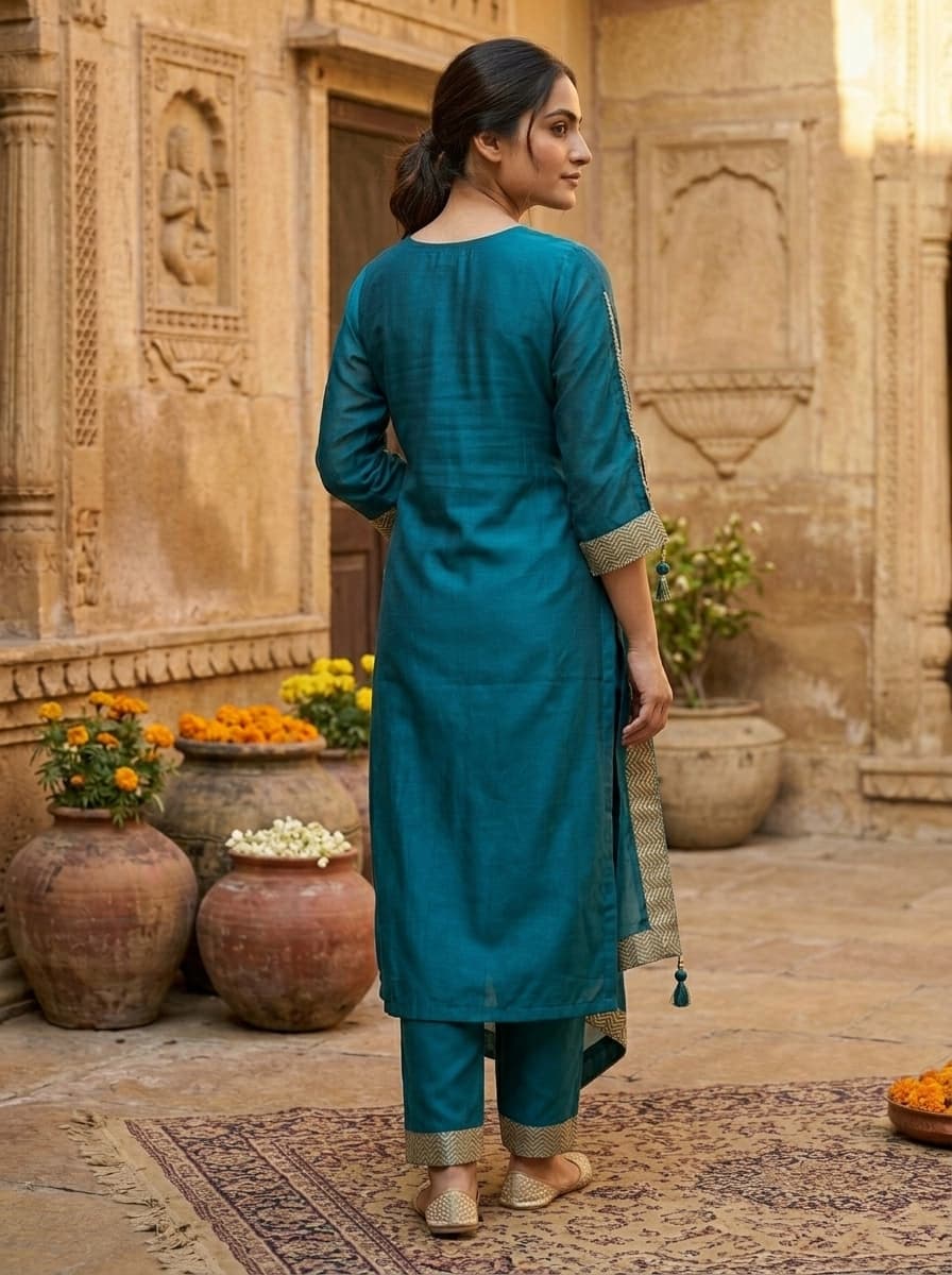 Teal Zari Embroidered Chanderi Silk Straight Palazzo Set - View 2