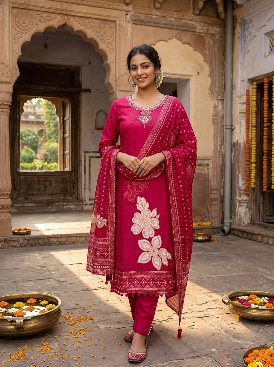Magenta Georgette Straight Suit with Floral Embroidery & Dupatta | Party Wear - View 1
