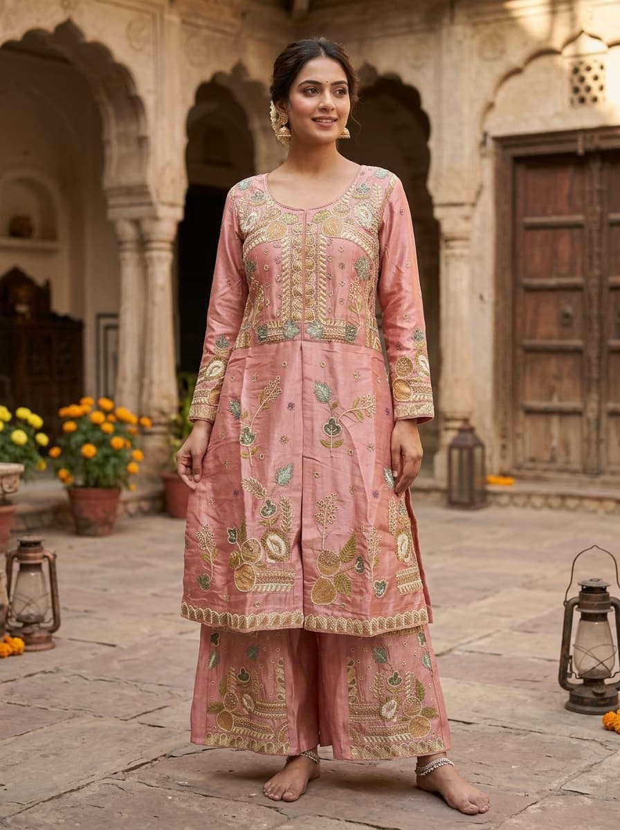 Peach Floral Embroidered Textured Art Silk Flared Short Kurti - View 1