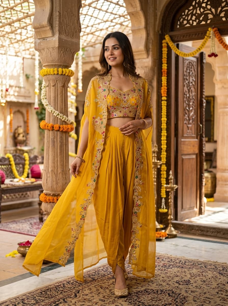 Golden Yellow Floral Embroidered Organza Kaftan Co-Ord Set - View 1
