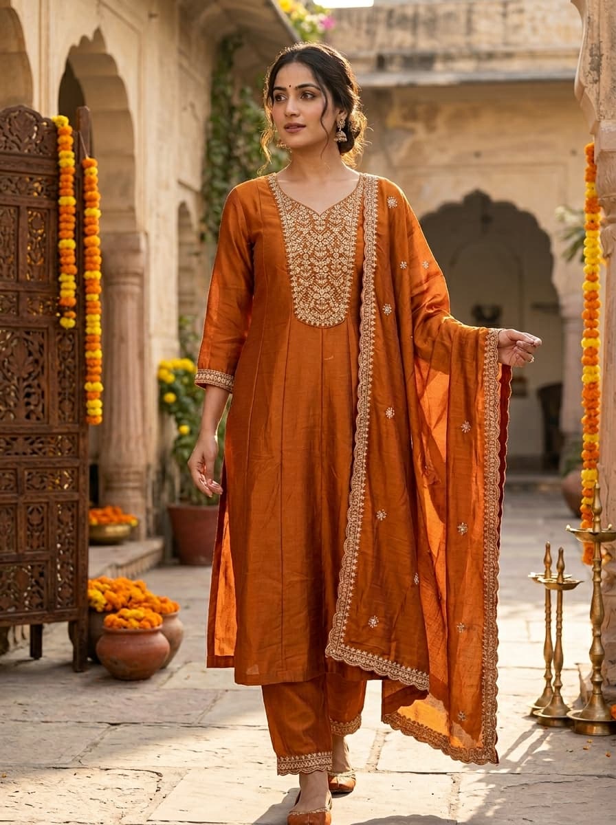 Elegant Rust Orange Art Silk Embroidered Straight Suit with Dupatta - View 1
