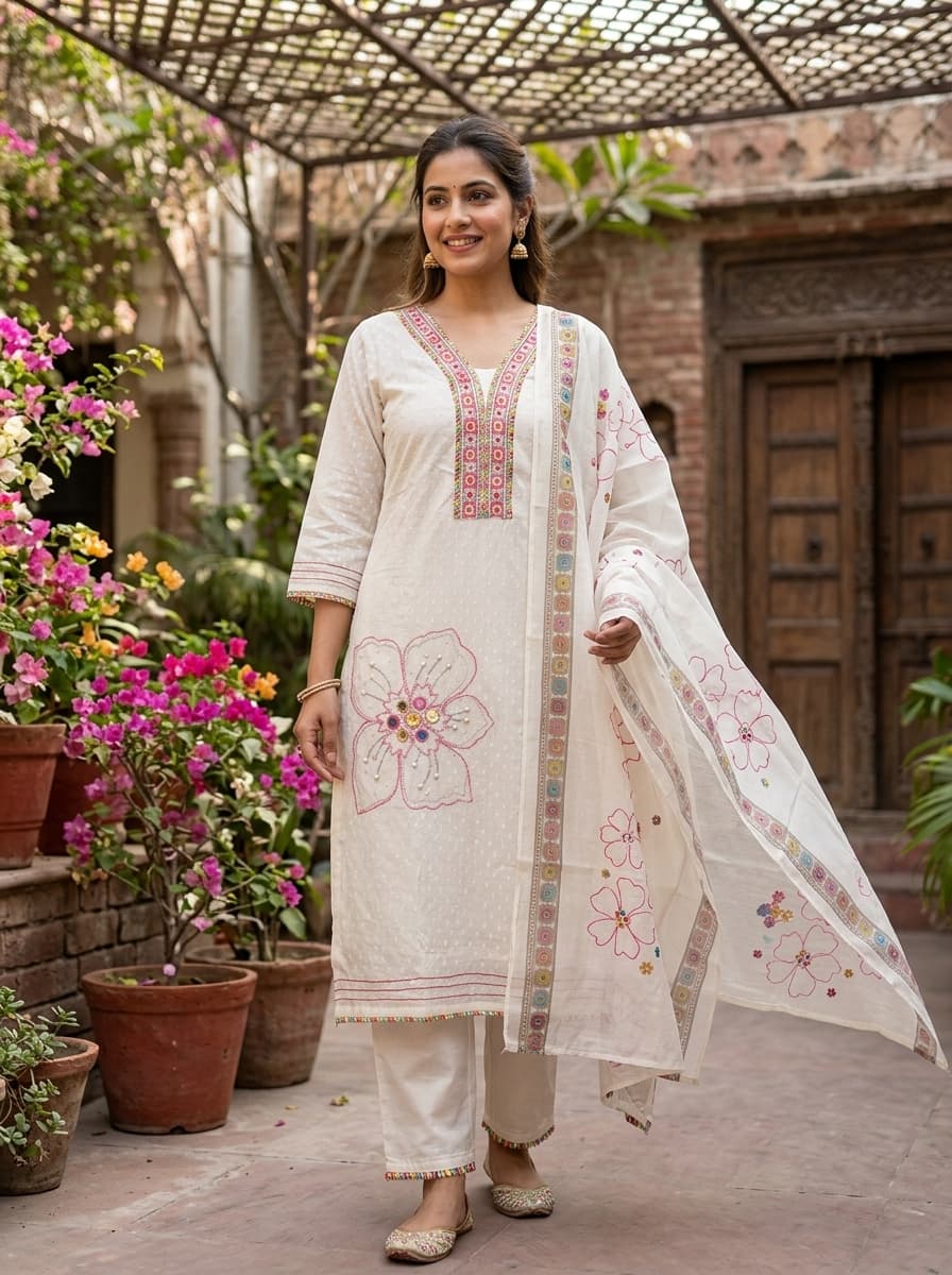 Elegant White Cotton Suit Set with Floral Embroidery - View 1