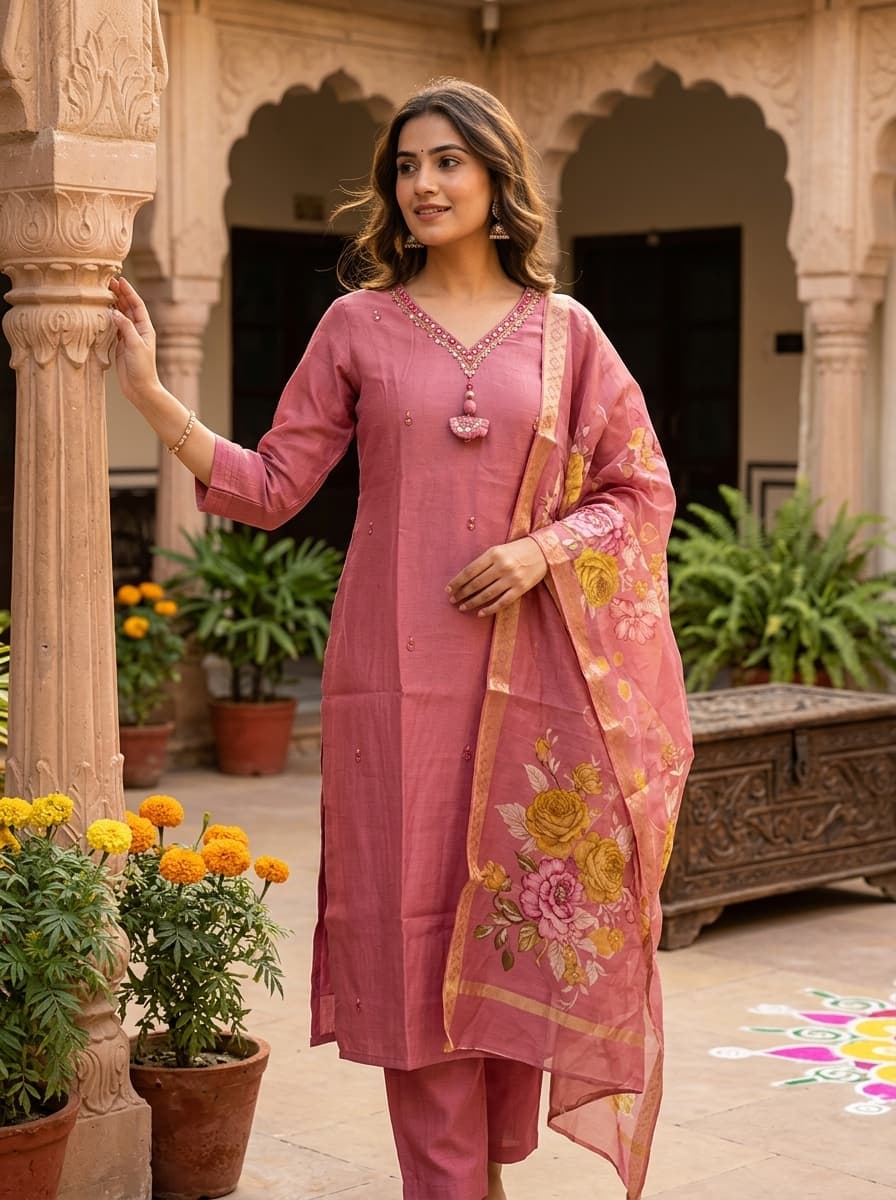 Dusky Pink Chanderi Blend Straight Suit with Embroidered Neck & Floral Organza Dupatta - View 1