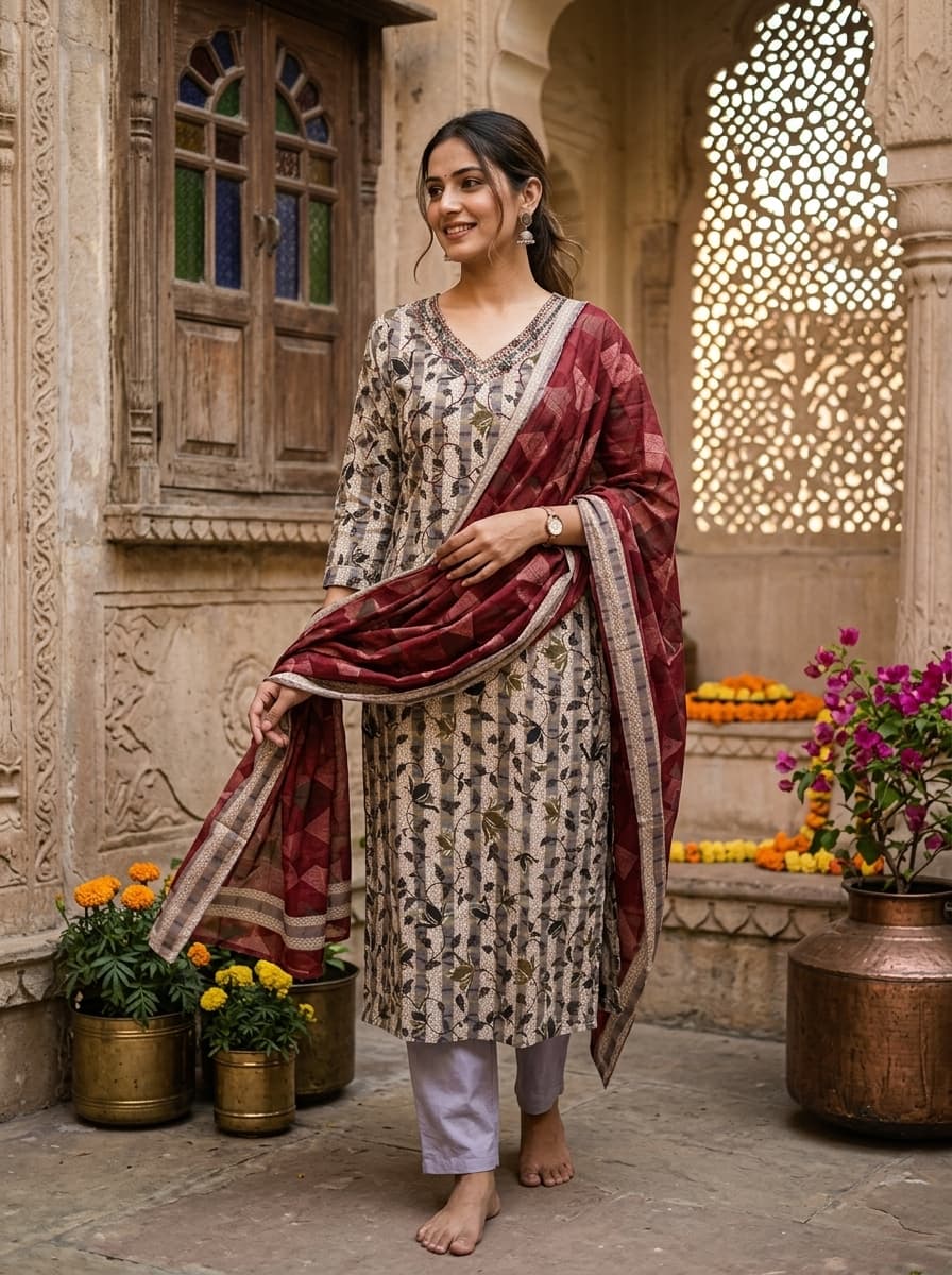 Elegant Beige & Grey Leaf Print Cotton Straight Suit Set with Red Dupatta - View 1
