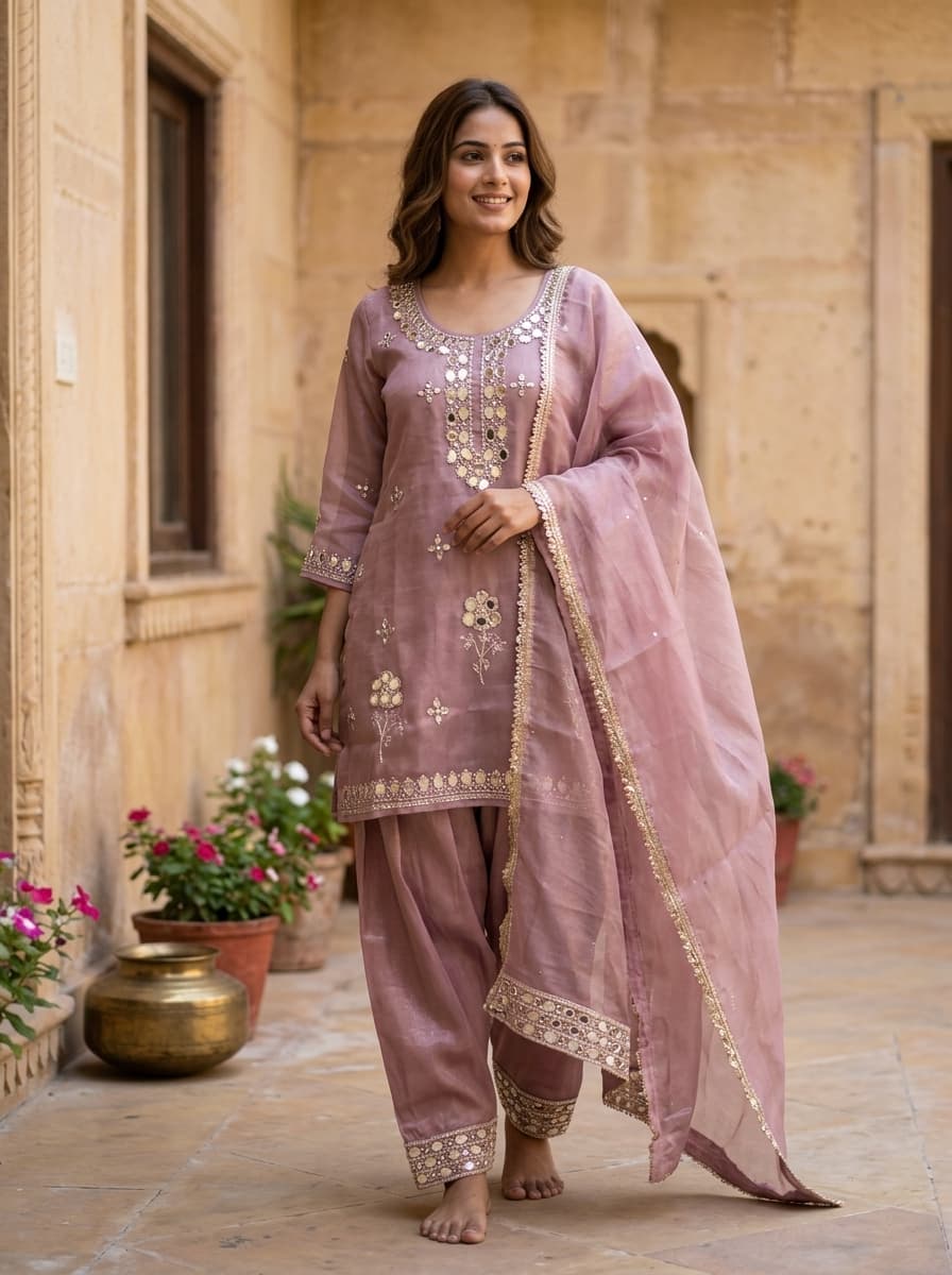 Mauve Mirror Work Shimmer Organza Straight Suit Set - View 1