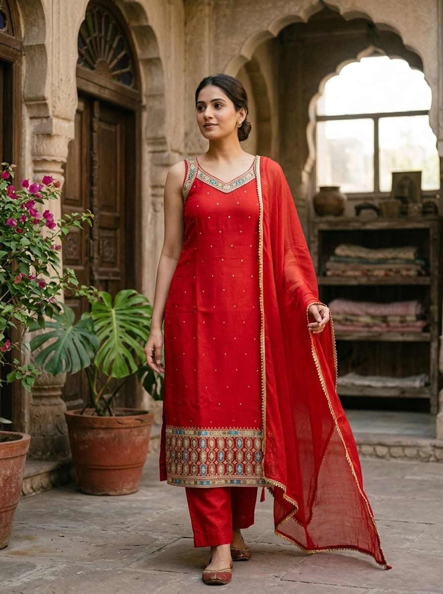 Red Embroidered Cotton Suit Set - View 1