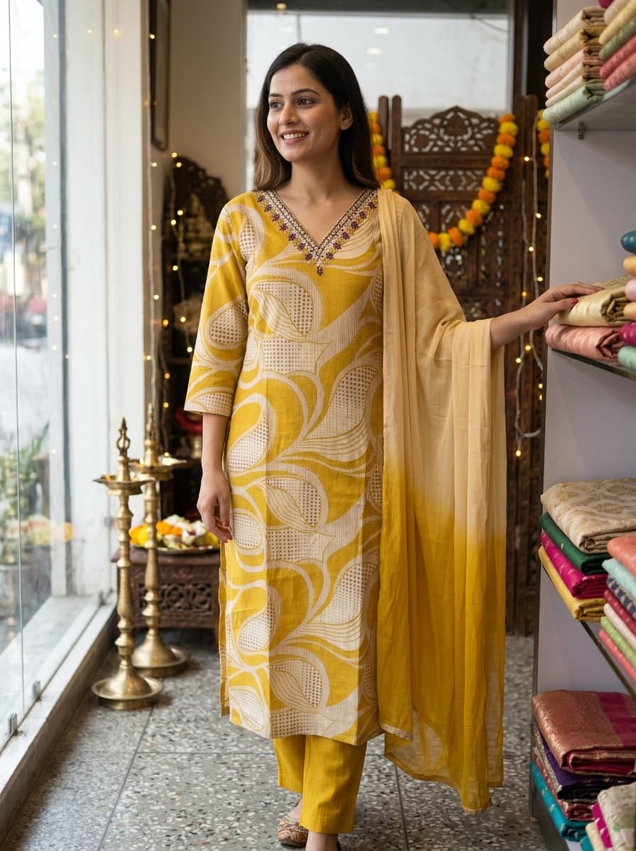 Yellow Printed Cotton Suit with Embellished Neck - View 1