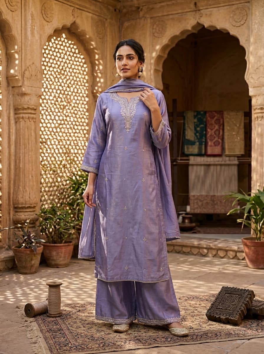 Lavender Zari Embroidered Chanderi Silk Straight Palazzo Suit Set - View 1