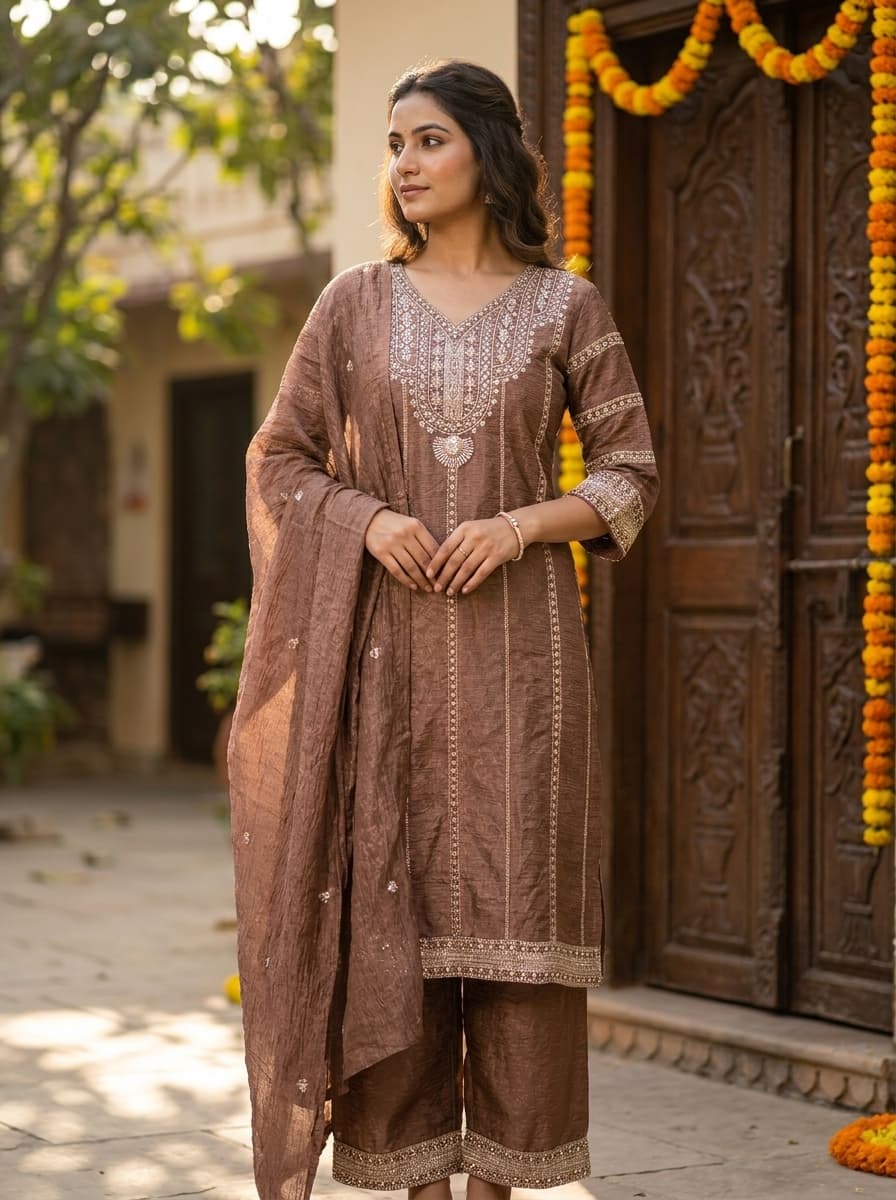 Dusty Brown Sequin Embroidered Textured Georgette Straight Kurta Set - View 1