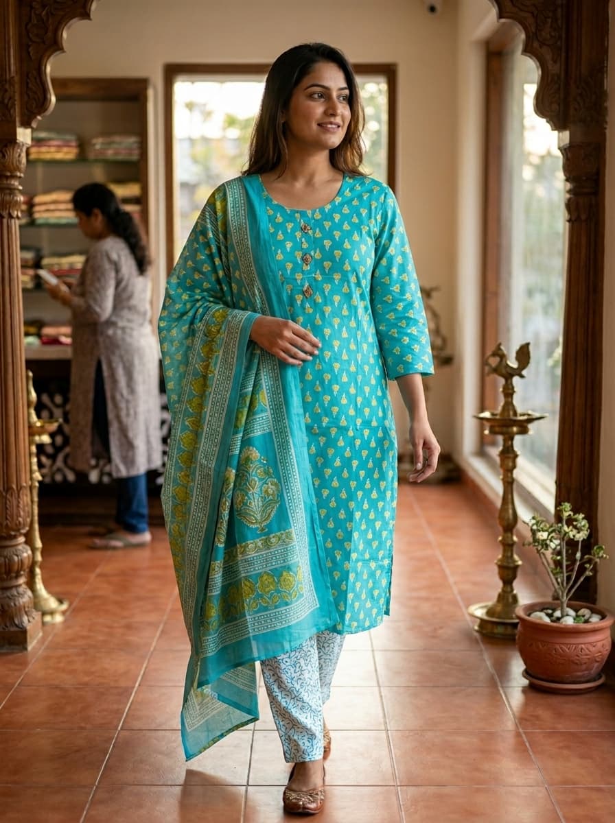 Turquoise Block Printed Pure Cotton Straight Kurta Set with Dupatta - View 1