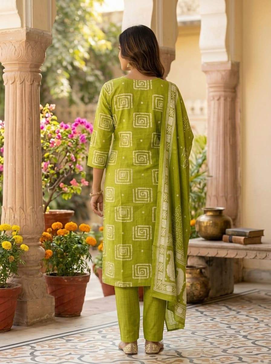 Parrot Green Geometric Printed Embroidered Pure Cotton Straight Suit Set - View 2
