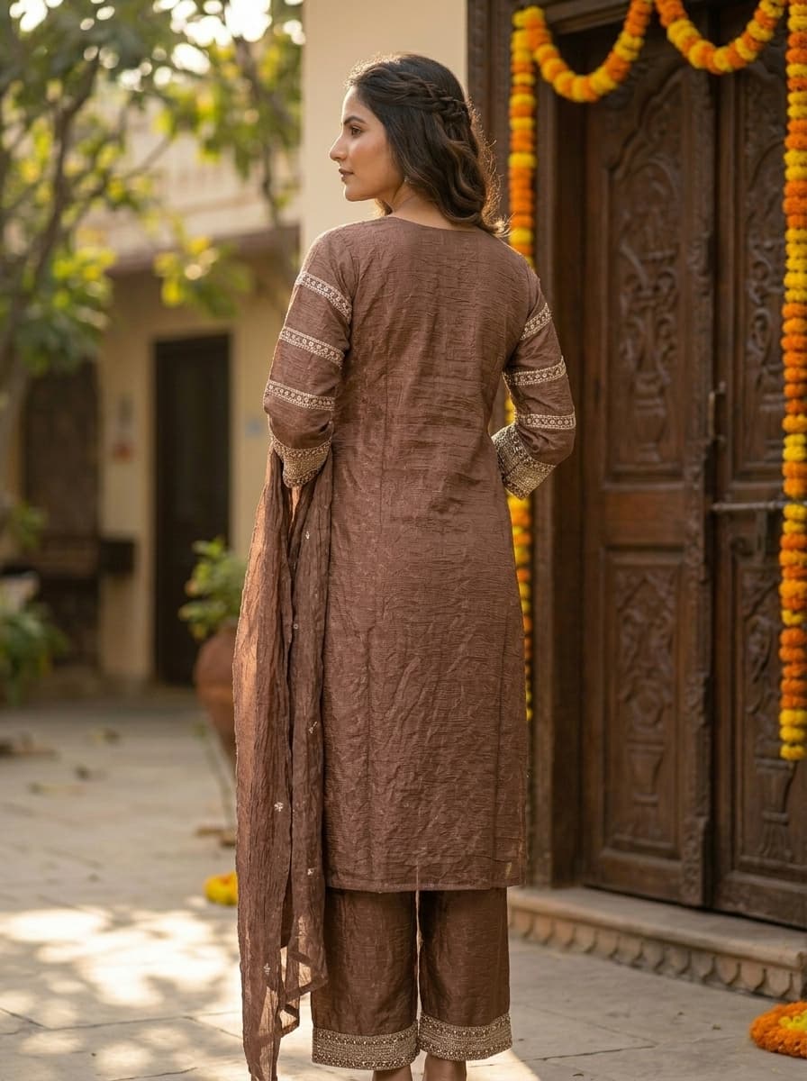 Dusty Brown Sequin Embroidered Textured Georgette Straight Kurta Set - View 2