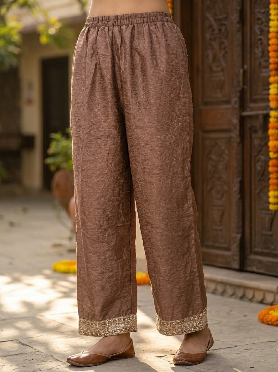 Dusty Brown Sequin Embroidered Textured Georgette Straight Kurta Set - View 3