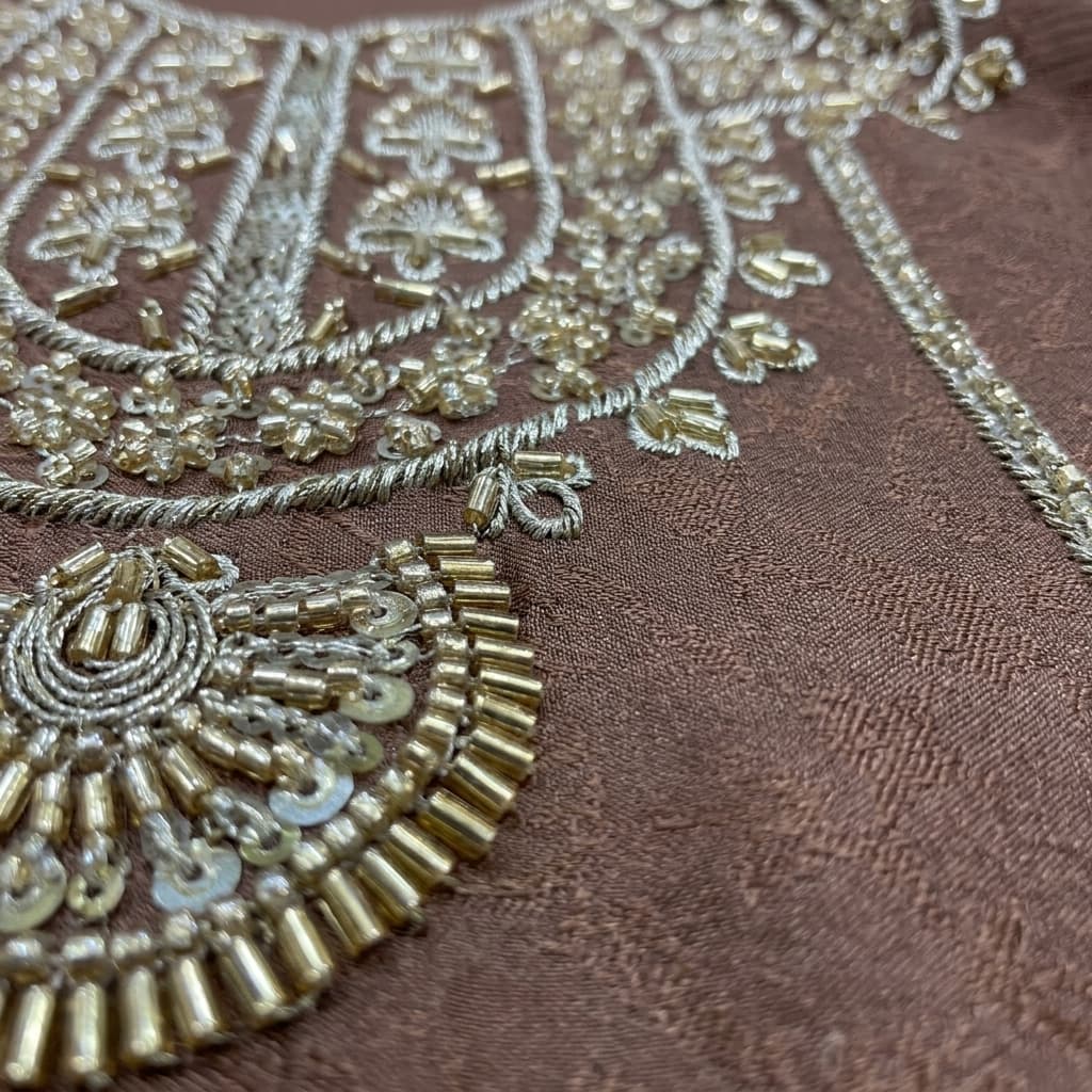 Dusty Brown Sequin Embroidered Textured Georgette Straight Kurta Set - View 4
