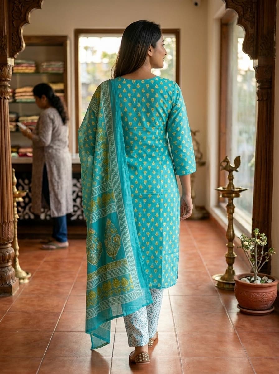 Turquoise Block Printed Pure Cotton Straight Kurta Set with Dupatta - View 2