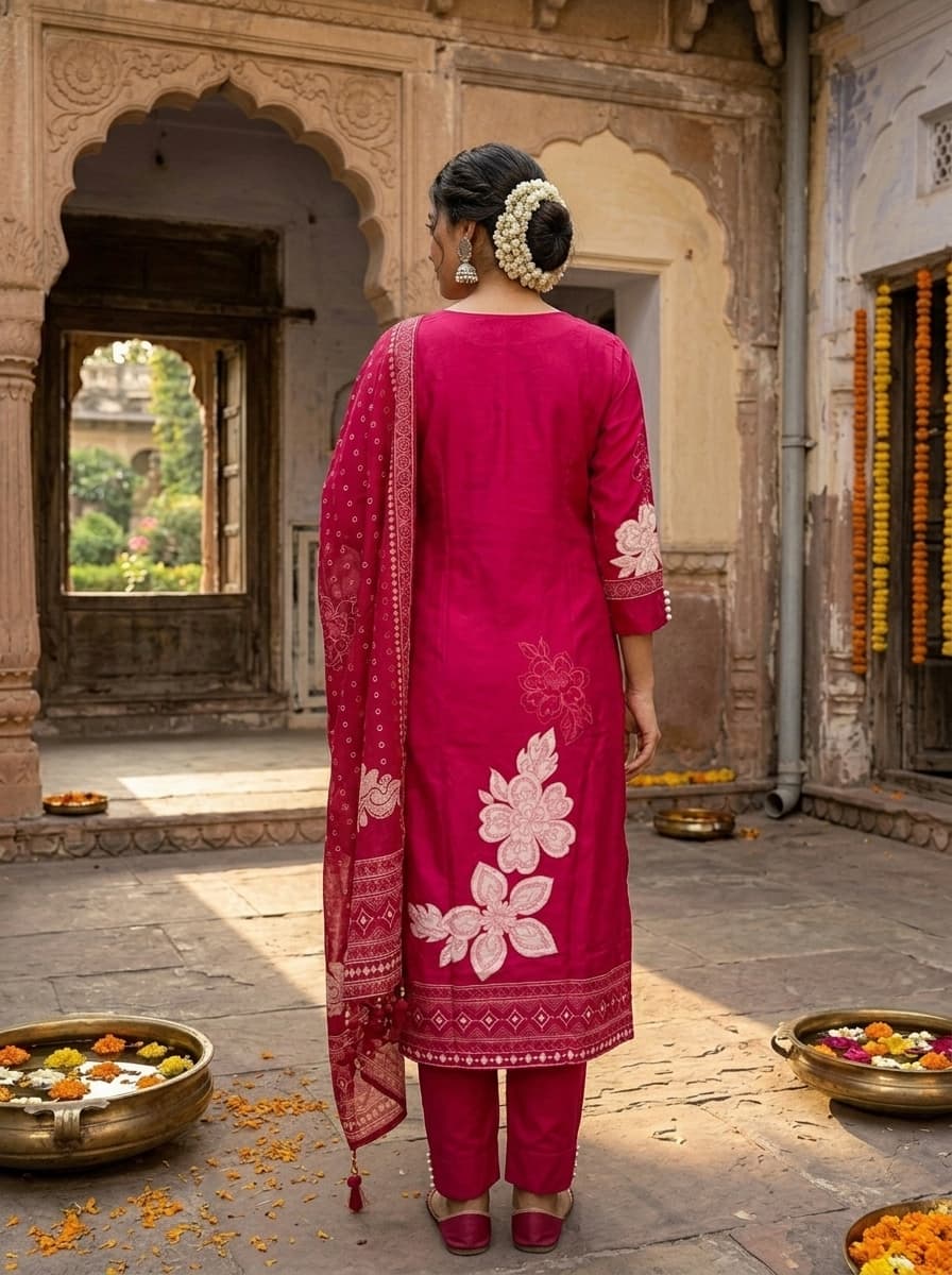 Magenta Georgette Straight Suit with Floral Embroidery & Dupatta | Party Wear - View 2
