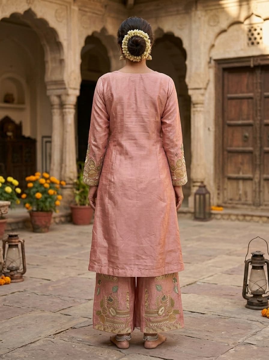 Peach Floral Embroidered Textured Art Silk Flared Short Kurti - View 2