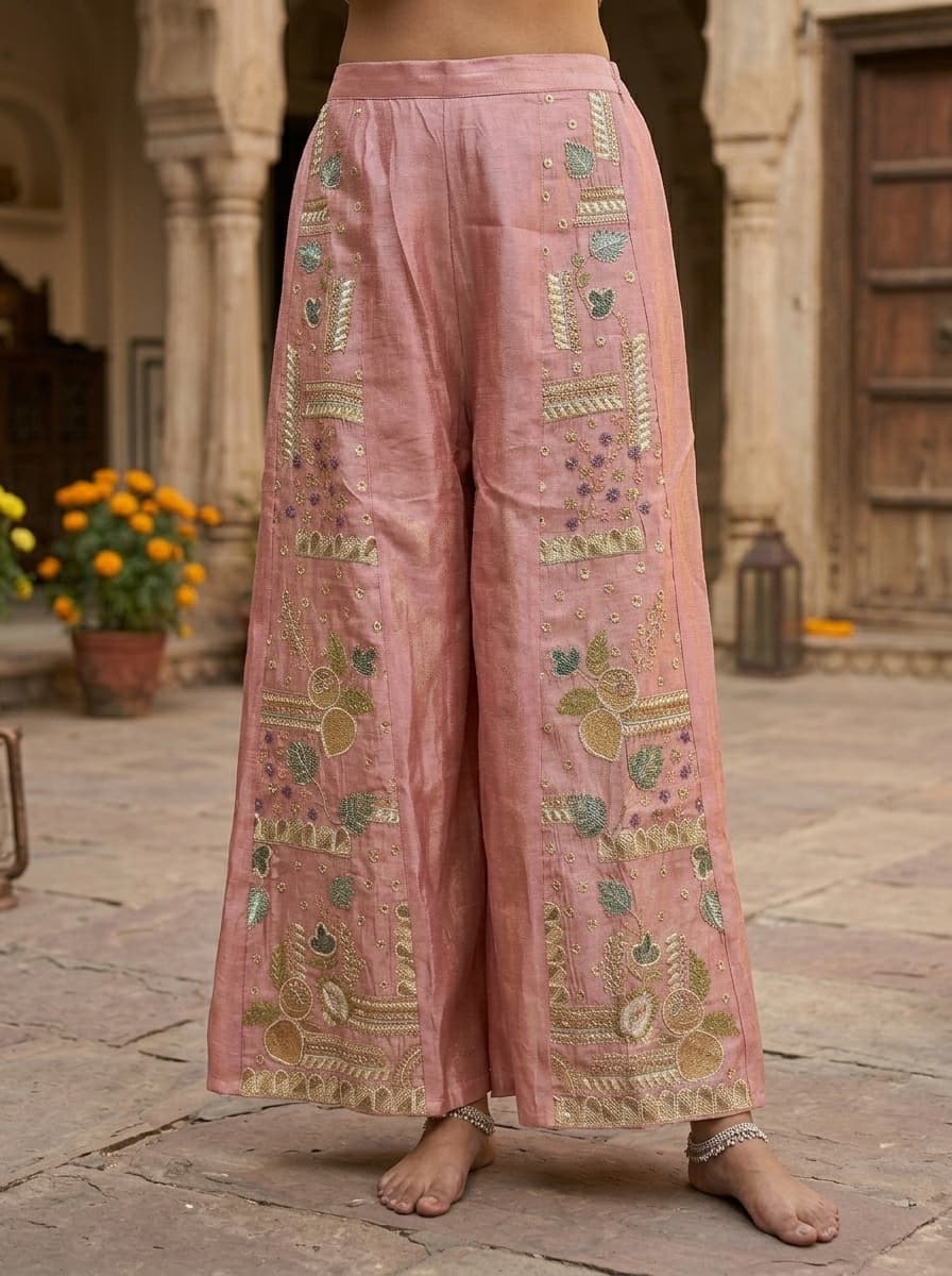 Peach Floral Embroidered Textured Art Silk Flared Short Kurti - View 3