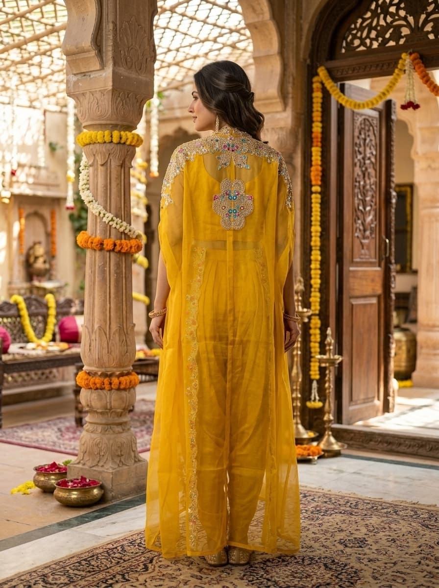 Golden Yellow Floral Embroidered Organza Kaftan Co-Ord Set - View 2