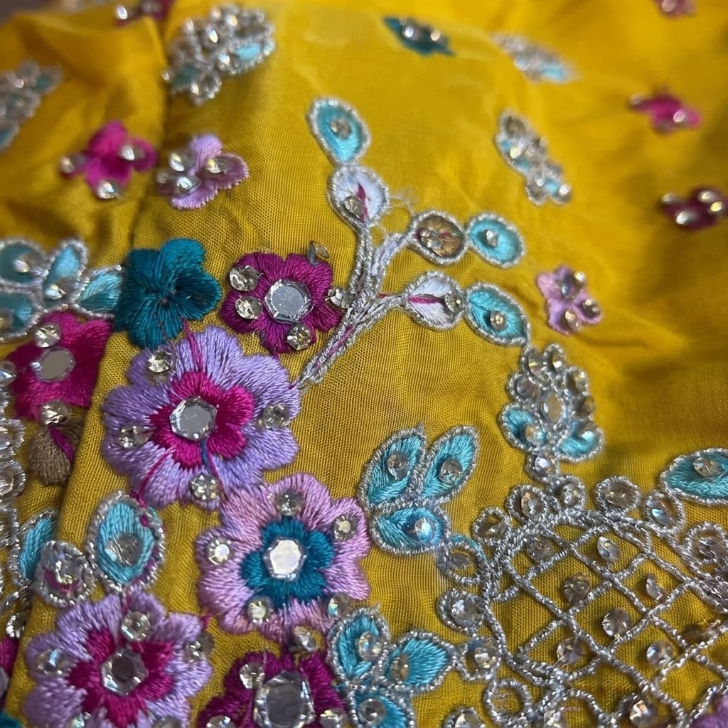 Golden Yellow Floral Embroidered Organza Kaftan Co-Ord Set - View 4