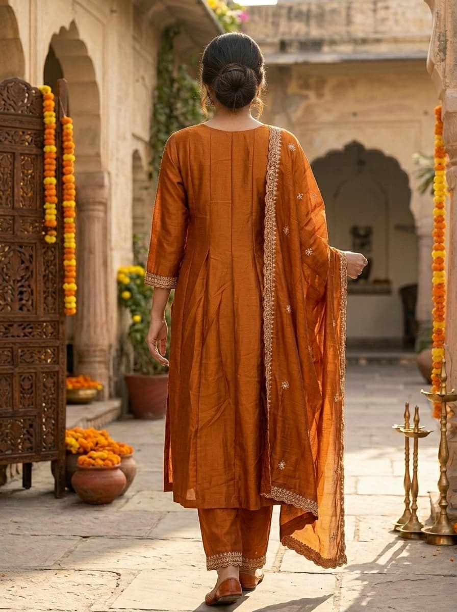 Elegant Rust Orange Art Silk Embroidered Straight Suit with Dupatta - View 2