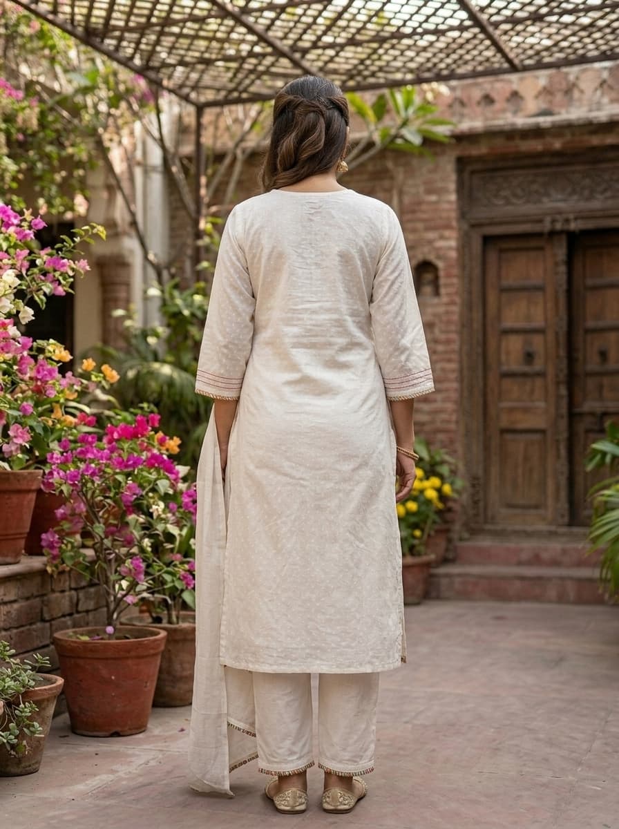Elegant White Cotton Suit Set with Floral Embroidery - View 2