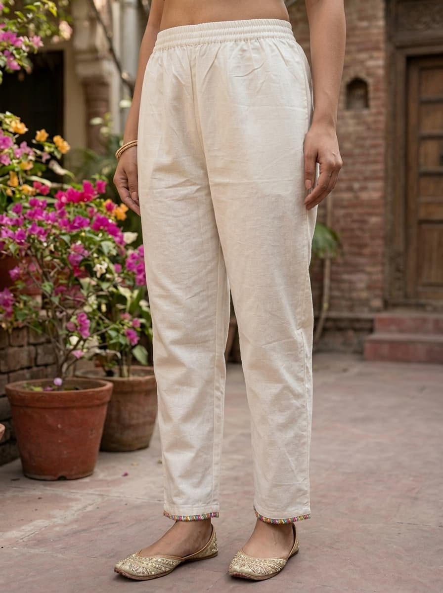 Elegant White Cotton Suit Set with Floral Embroidery - View 3