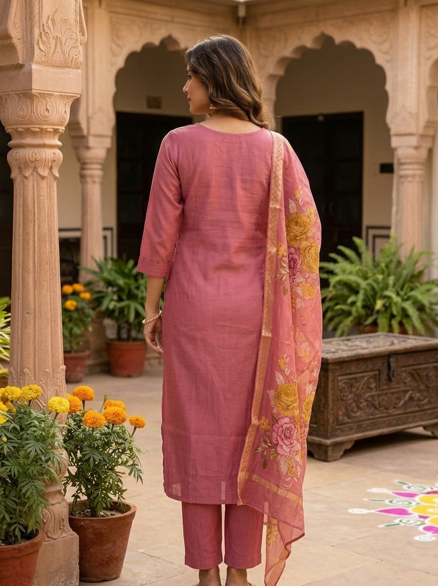 Dusky Pink Chanderi Blend Straight Suit with Embroidered Neck & Floral Organza Dupatta - View 2