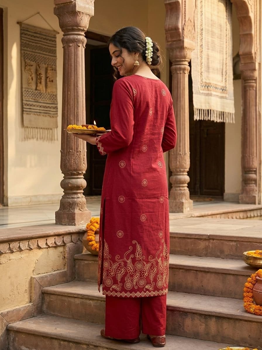 Elegant Maroon Cotton Kurti with Golden Embroidery & Tassels - View 2