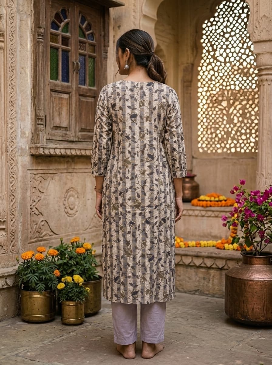 Elegant Beige & Grey Leaf Print Cotton Straight Suit Set with Red Dupatta - View 2
