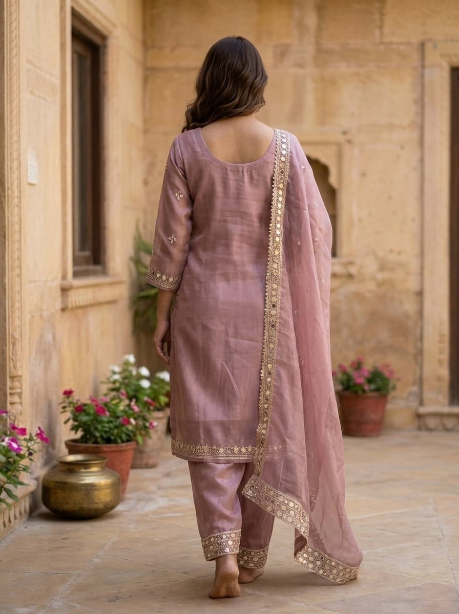 Mauve Mirror Work Shimmer Organza Straight Suit Set - View 2