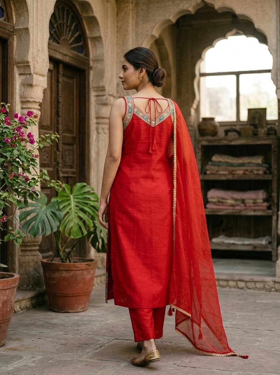 Red Embroidered Cotton Suit Set - View 2