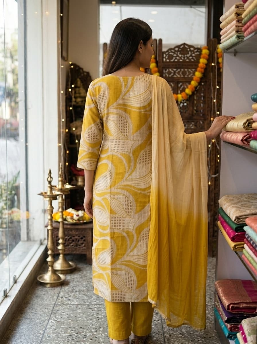 Yellow Printed Cotton Suit with Embellished Neck - View 2
