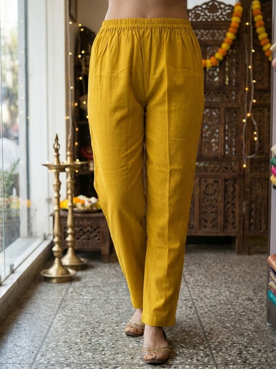 Yellow Printed Cotton Suit with Embellished Neck - View 3