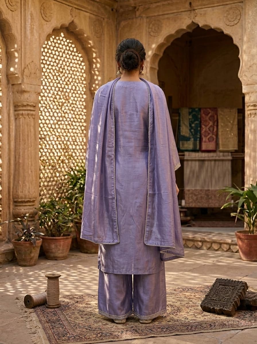 Lavender Zari Embroidered Chanderi Silk Straight Palazzo Suit Set - View 2