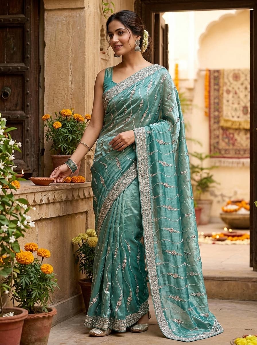 Teal Sequin Embroidered Organza Anarkali Suit - View 1