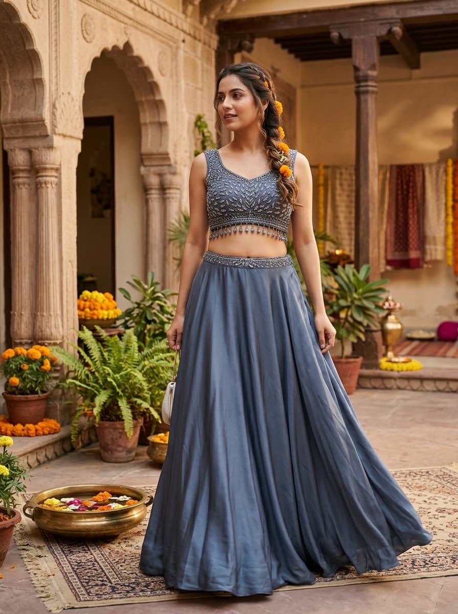 Slate Blue Sequined Georgette A-Line Co-Ord Set - View 1