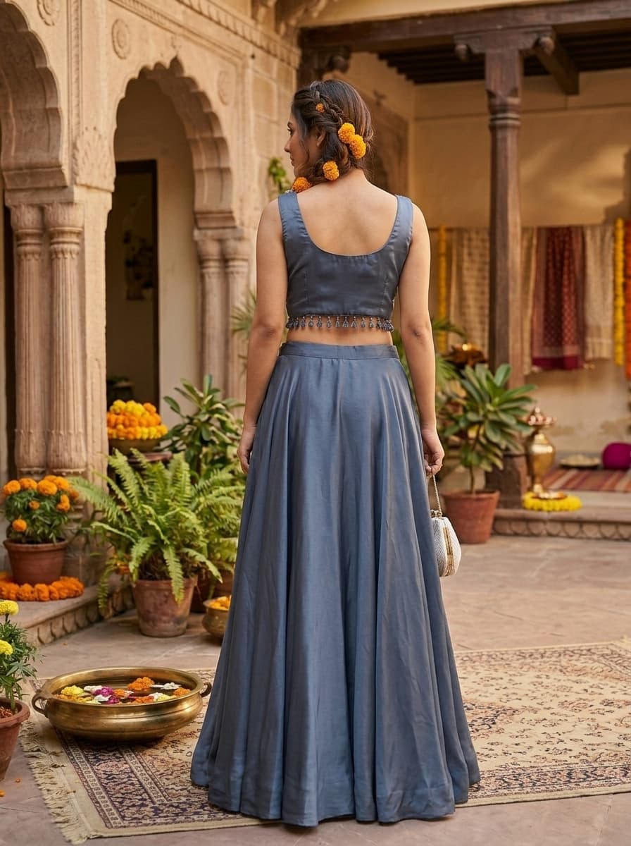 Slate Blue Sequined Georgette A-Line Co-Ord Set - View 2