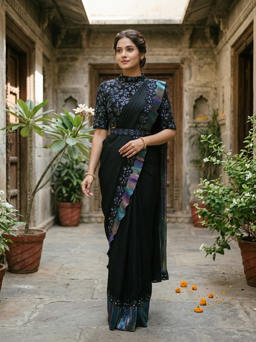 Black Sequin Embroidered Georgette Pre-Draped Saree Set - View 1