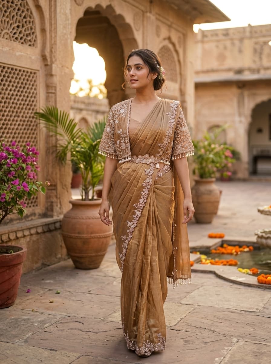 Golden Brown Sequin Embroidered Shimmer Georgette Draped Saree Gown - View 1
