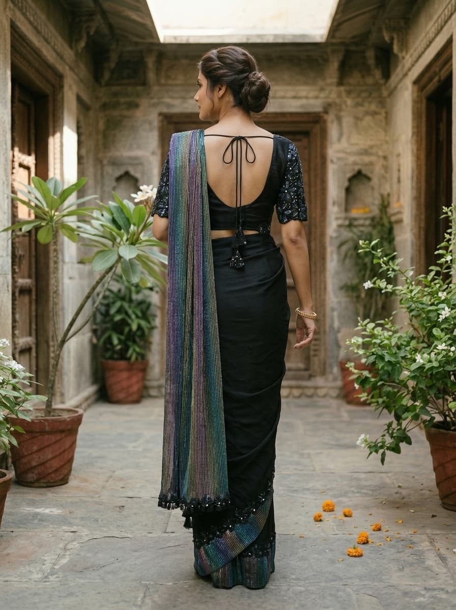 Black Sequin Embroidered Georgette Pre-Draped Saree Set - View 2