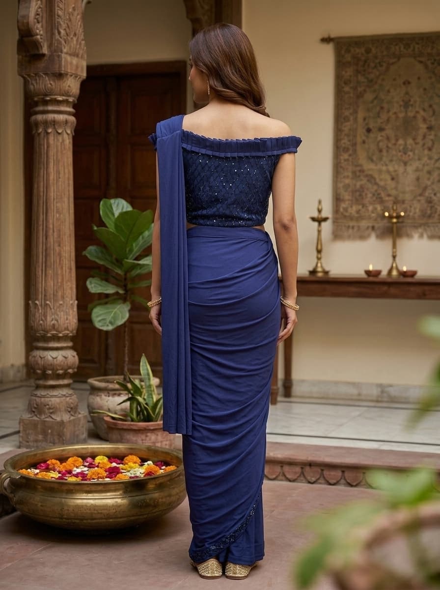 Navy Blue Sequin Georgette Off-Shoulder Saree Gown - View 2