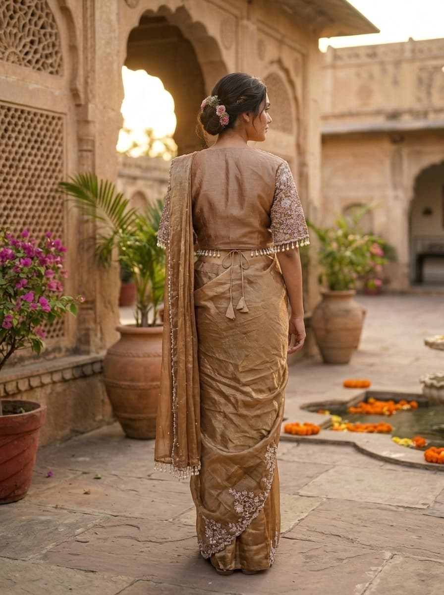 Golden Brown Sequin Embroidered Shimmer Georgette Draped Saree Gown - View 2
