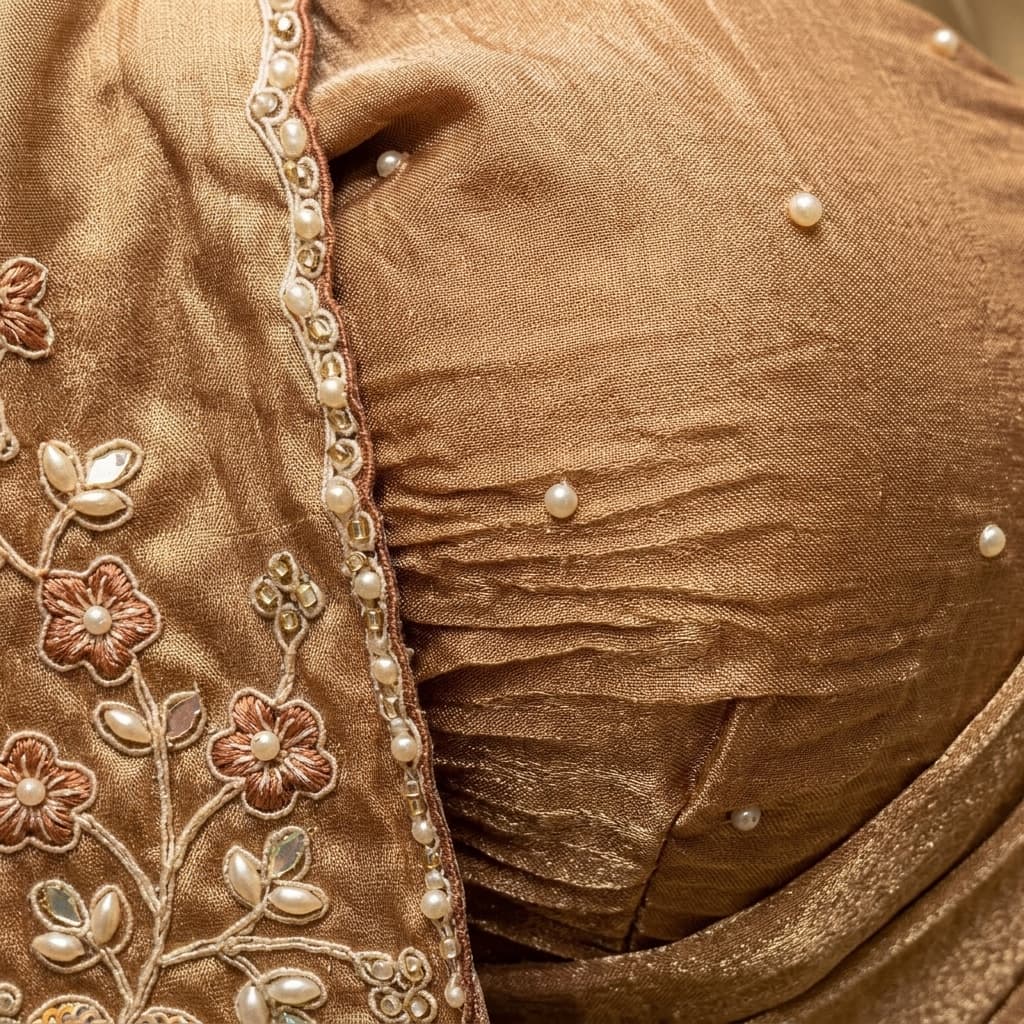Golden Brown Sequin Embroidered Shimmer Georgette Draped Saree Gown - View 3
